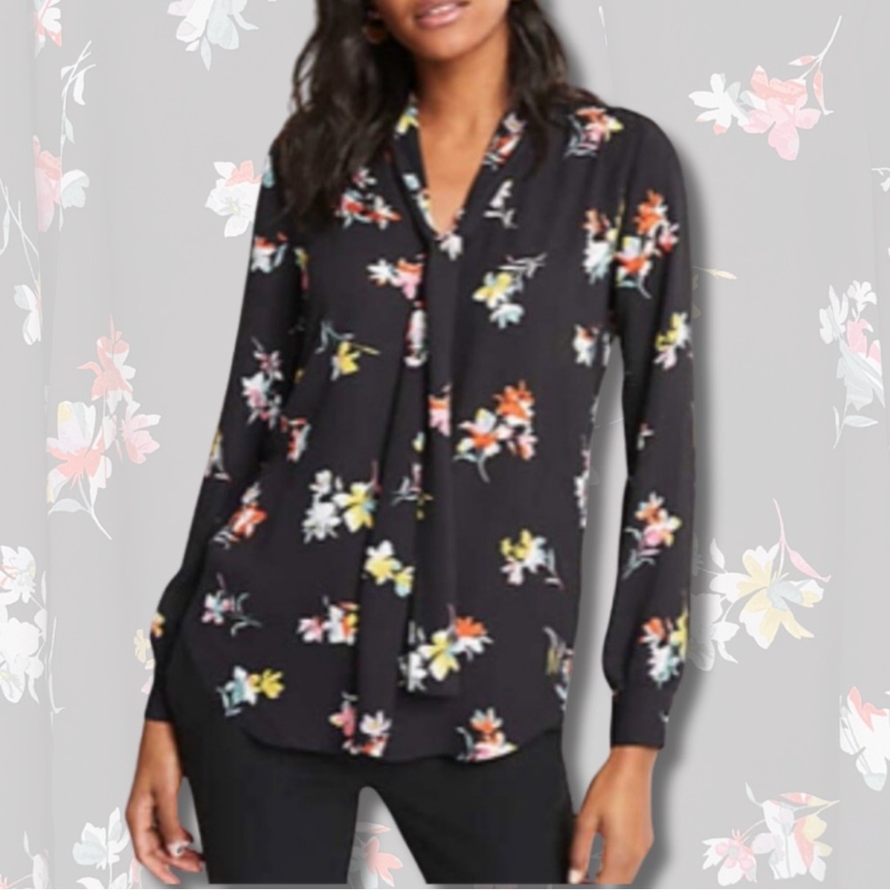 Ann Taylor Black Floral Tie-Neck Blouse